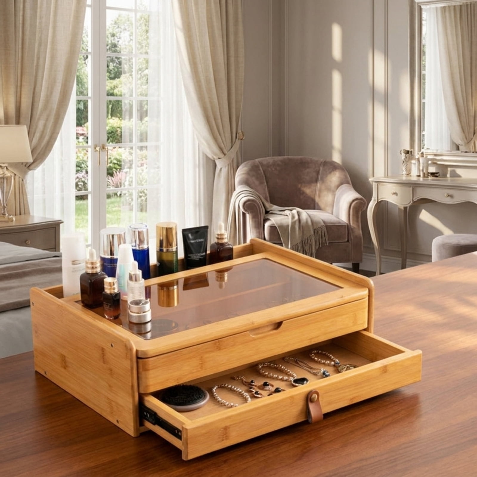 Furnibear Bamboo Makeup Vanity Table with Stool and 360-Degree Rotating Mirror for the Bedroom Makeup Room, Natural