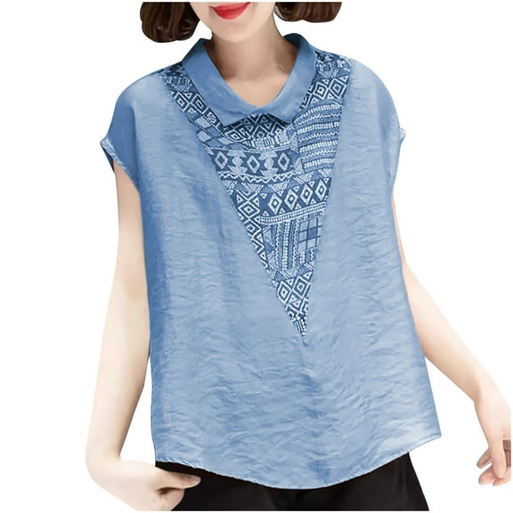 EINCcm Women's Linen Shirts Summer Boho Tops Cotton Blouse Collar Neck Short Sleeve Tunic
