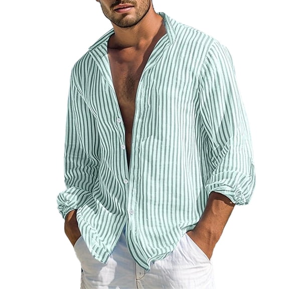 JAJAHO Mens Button Up Dress Shirts Striped Casual Beach Shirt Long Sleeve Lightweight Collared Summer Spring Formal Business Wear Trendy Tops