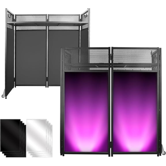 DJ Facade Booth Table 41" x 43"x 20"-Portable with Black&White Lighting Scrims Flat DJ Booth Panel-Black Metal Frame with 2 Extra Wheels for Show, Party (Black)