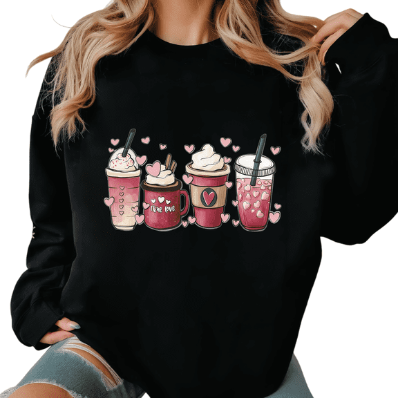 Women's Black Sweatshirt Graphic Tees Valentine's Day Coffee Drinks Pattern Design Shirts S-3XL Casual Daily Tops