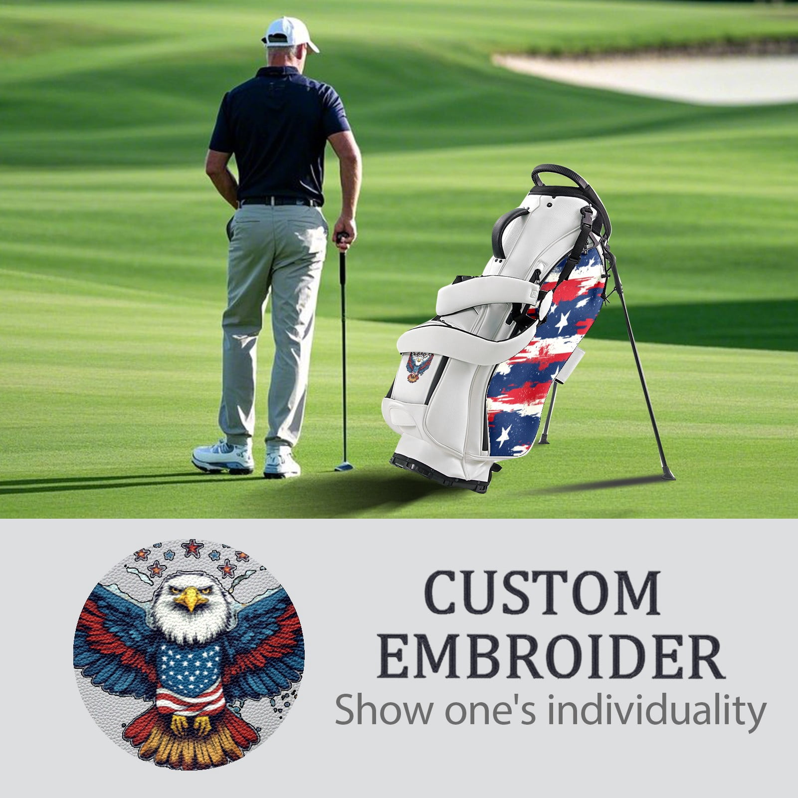 Black White Waterproof Durable Leather Golf Stand Bag 14 Ways Divider Large Capacity & Adjustable Shoulder Straps Golf Club Bag for Men and Women Red, White And Blue Heart And Star Pattern