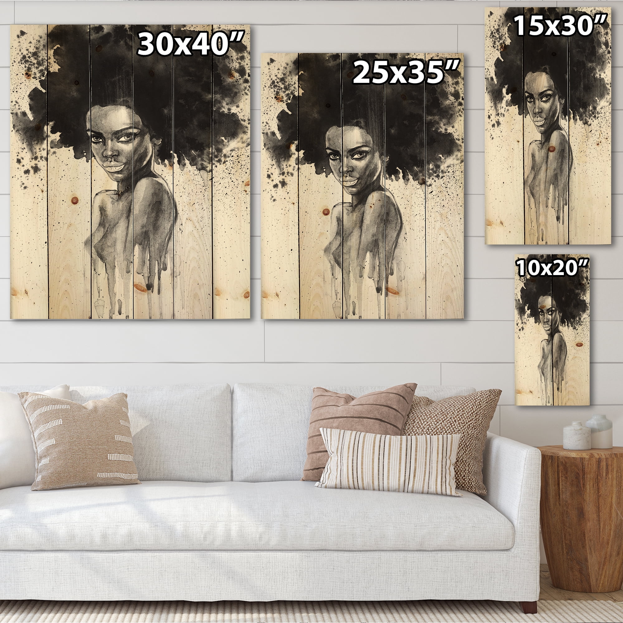 Designart 'Black and White Portrait of African American Woman III' Modern Print on Natural Pine Wood