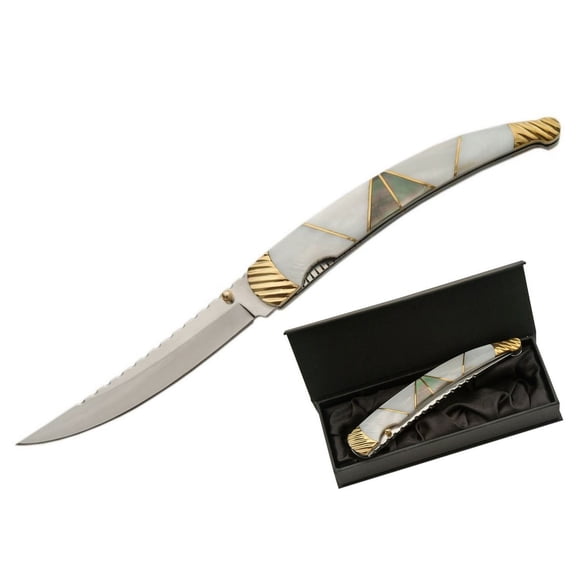 SZCO 4.75" Mother of Pearl Abalone Folding Utility Tool with Brass Handle & Corrosion-Resistant Stainless Steel