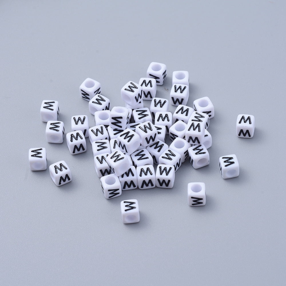 Acrylic Horizontal Hole Letter Beads Cube White Letter W Size: 6mm wide 6mm long 6mm high hole: 3.2mm 2600pcs/500g