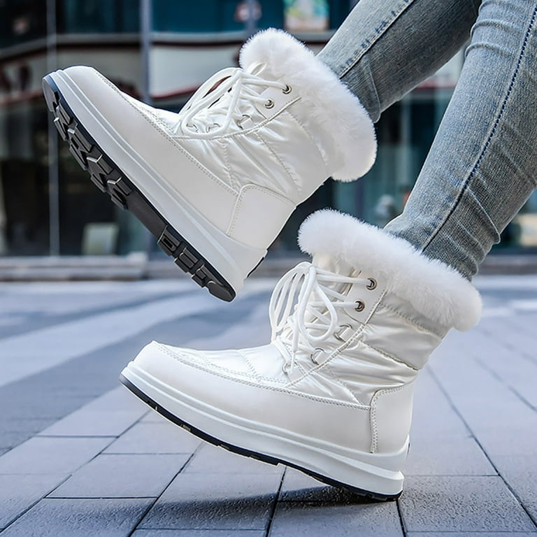 KIJBLAE Women Winter Snow Boots Fur Lined Waterproof Lace Up Warm Ankle Boots Non Slip Platform Shoes White 42