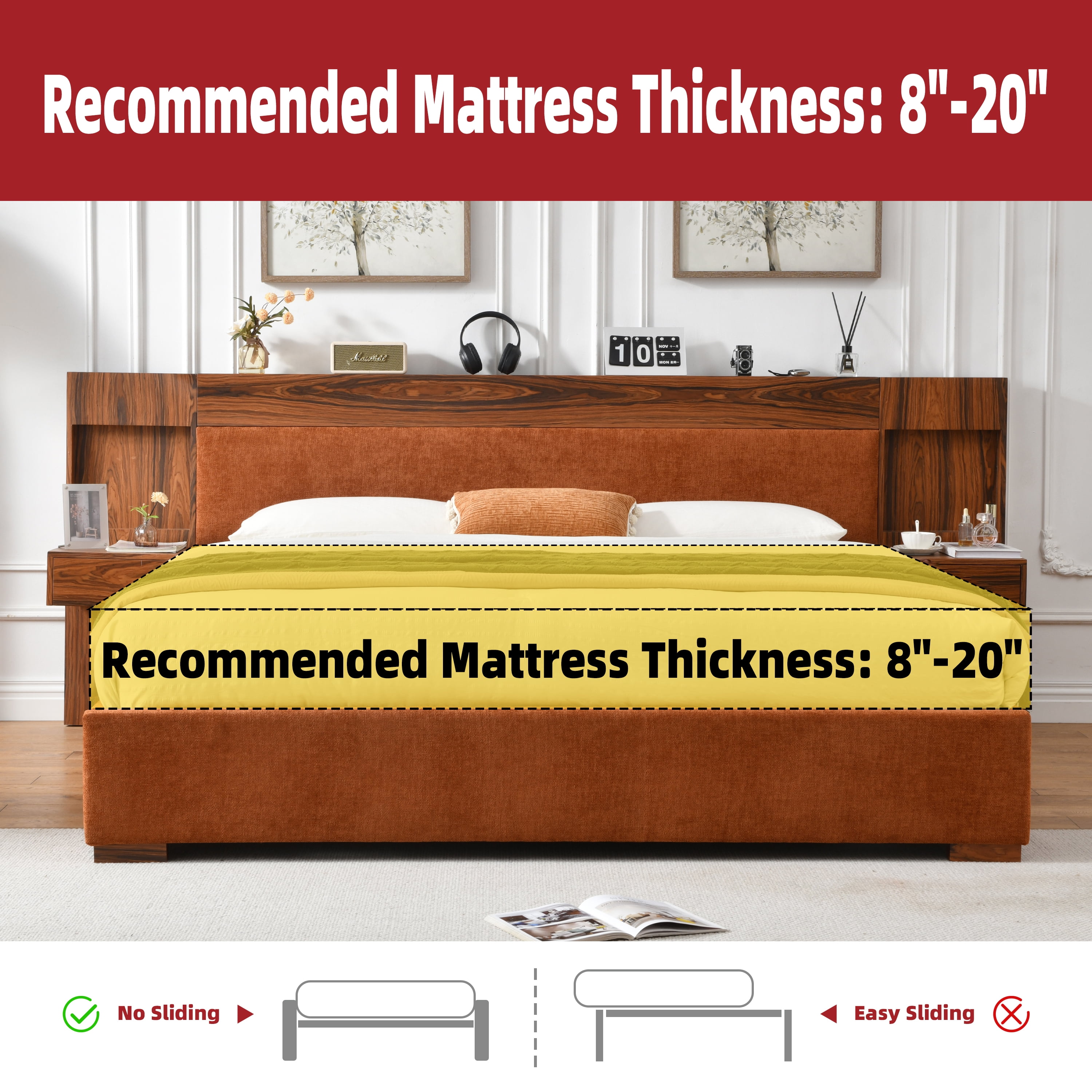 Queen Size Bed Frame with Storage Drawers & Built-in Nightstands, Wood Bed Frame with Linen Upholstered Headboard, No Box Spring Needed, Ocher