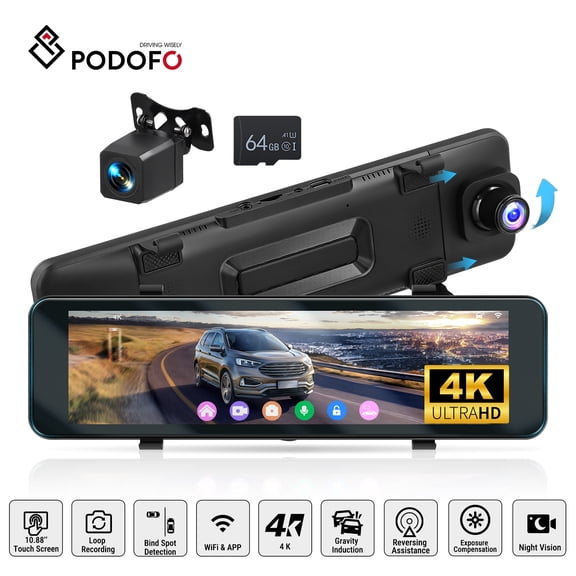 Podofo 4K HD Rear View Mirror Camera Dual Cam - 10.88 inch IPS Touchscreen Mirror Dash Cam Front and Rear - WiFi & APP Control/Night Vision/GPS/Loop Recording/G-Sensor/BSD   Backup Camera