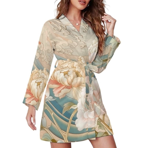 Wave Peony Night Robe Long Sleeve V Neck Robe With Belt Women's Sleepwear Dresses