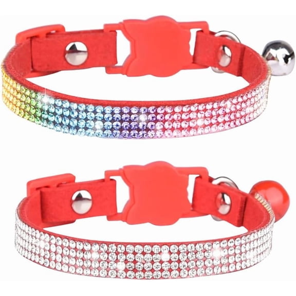 Rhinestone Cat Collar with Bells, 2-Pack Breakaway Kitten Collars with Diamond, Pretty Fancy Sparkly Girl Bling Puppy Collar for Tiny Dogs