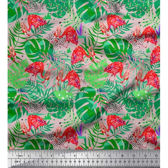 Soimoi Rayon Fabric Tropical Leaves & Flamingo Bird Print Fabric by The Yard 56 Inch Wide