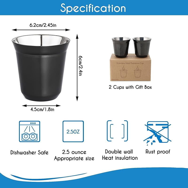 Easyworkz Stainless Steel Espresso Cup 2pcs Set Double Wall Insulated Metal Demitasse Cups 2.5 oz