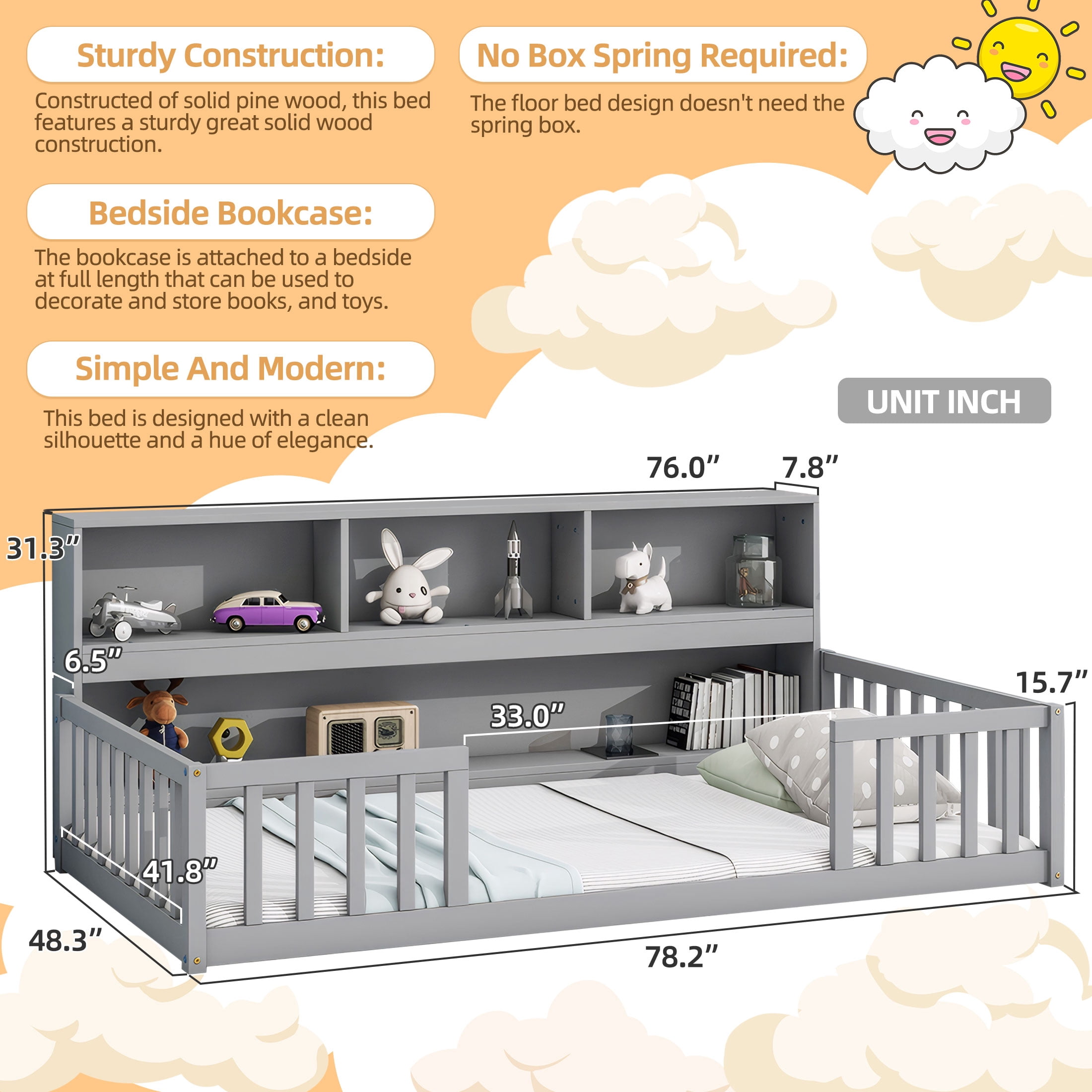 PORKISS Twin Floor Bed Frame with Bookcase and Fence, Wood Kids Floor Bed with Storage Shelves, Montessori Bed, Grey