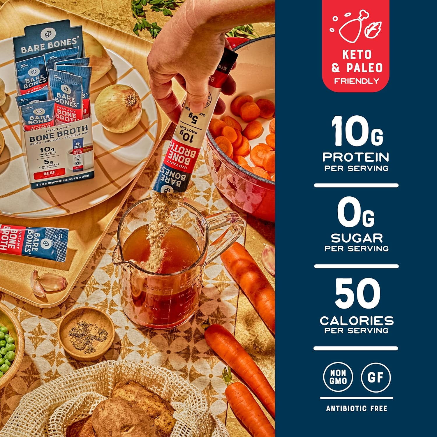 Bare Bones Beef Bone Broth Instant Powdered Mix | Rich Savory Packets on-the-Go No Artificial Flavors | 100% Grass Fed Keto & Paleo Friendly | 10g Protein | 16 Pack