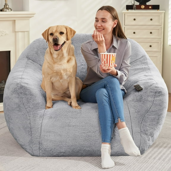 HOMGUAVA Giant Bean Bag Chair for Adults & Kids, Oversized Lounger Couch Large Lazy Chair w/ Stuffed Memory Foam & Wide Armrests, Light Gray