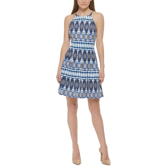 Vince Camuto Womens Printed High Neck Fit Flare Dress Fit Blue 14