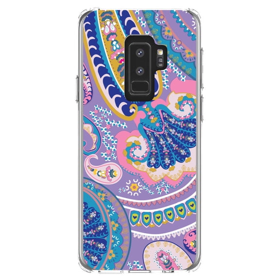 DistinctInk Clear Shockproof Hybrid Case for Samsung Galaxy S9  PLUS (6.2" Screen) - TPU Bumper, Acrylic Back, Tempered Glass Screen Protector - Purple Pink Blue Paisley