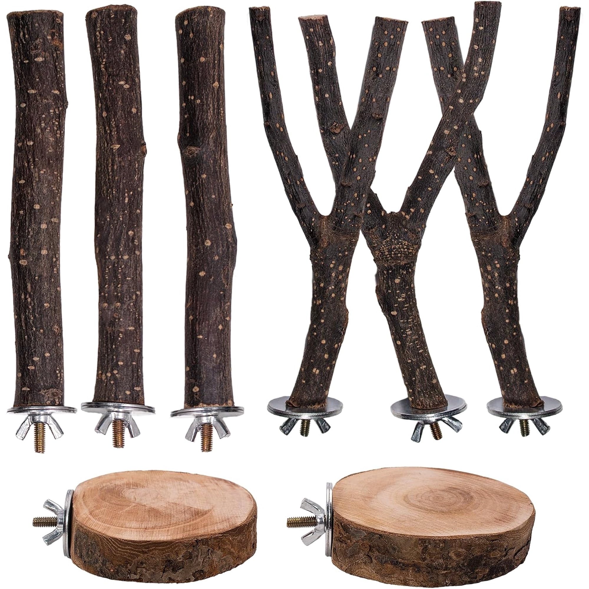 8PCS Bird Perches Set Natural Apple Wood Bird Cage Accessories Wooden Parrot Stand Hardwood Branches for Parakeets, Budgies, Cockatiels Small Bird Habitat Gym, Climbing Stand & Safe Chew Toys