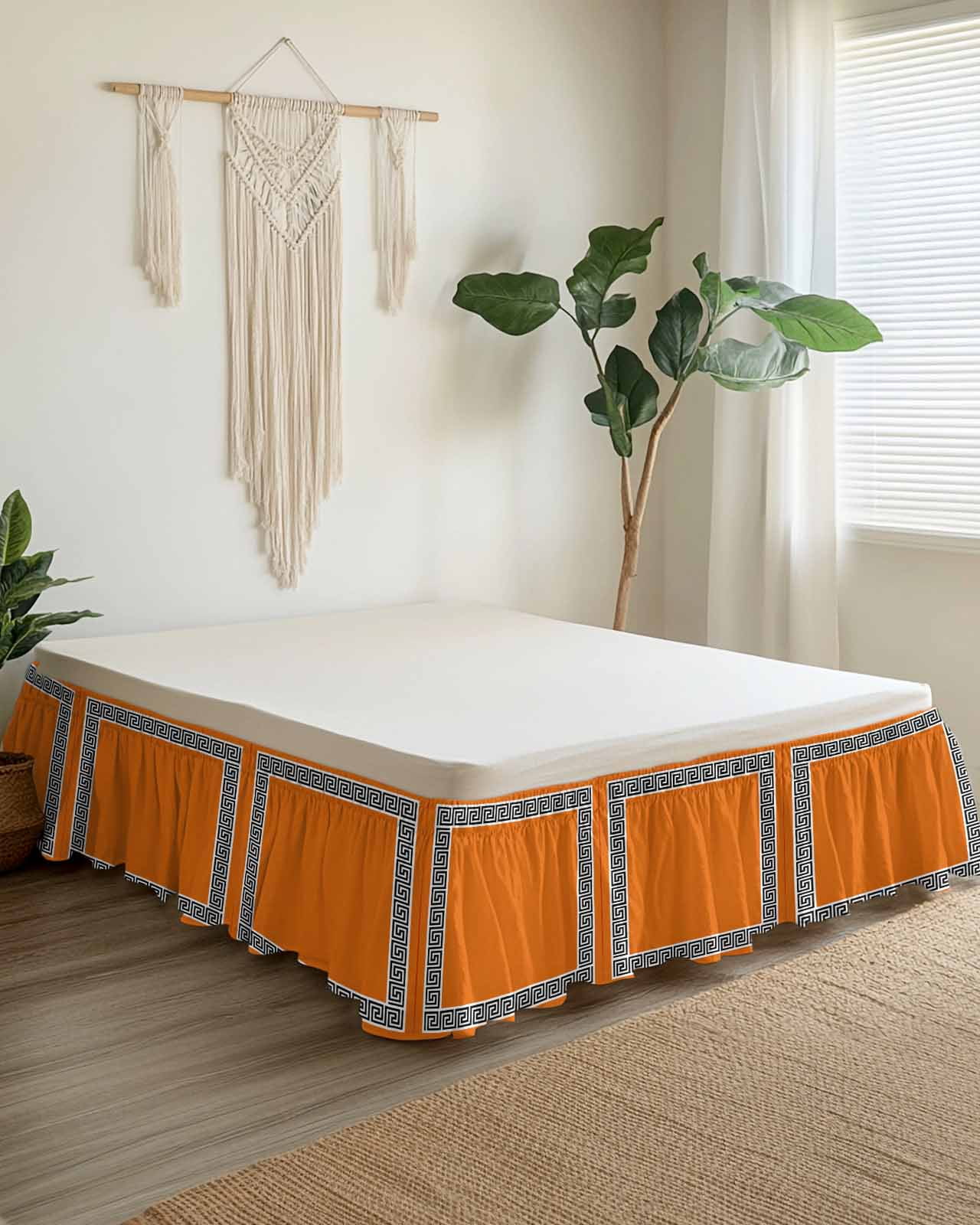 Orange Bed Skirt Greek Chinese Style Border Geometric Bed Skirts Queen Size 18 Inch Drop, Wrap Around Dust Ruffle&nbsp;Bedskirt with Adjustable Elastic Belt for Queen Size Beds