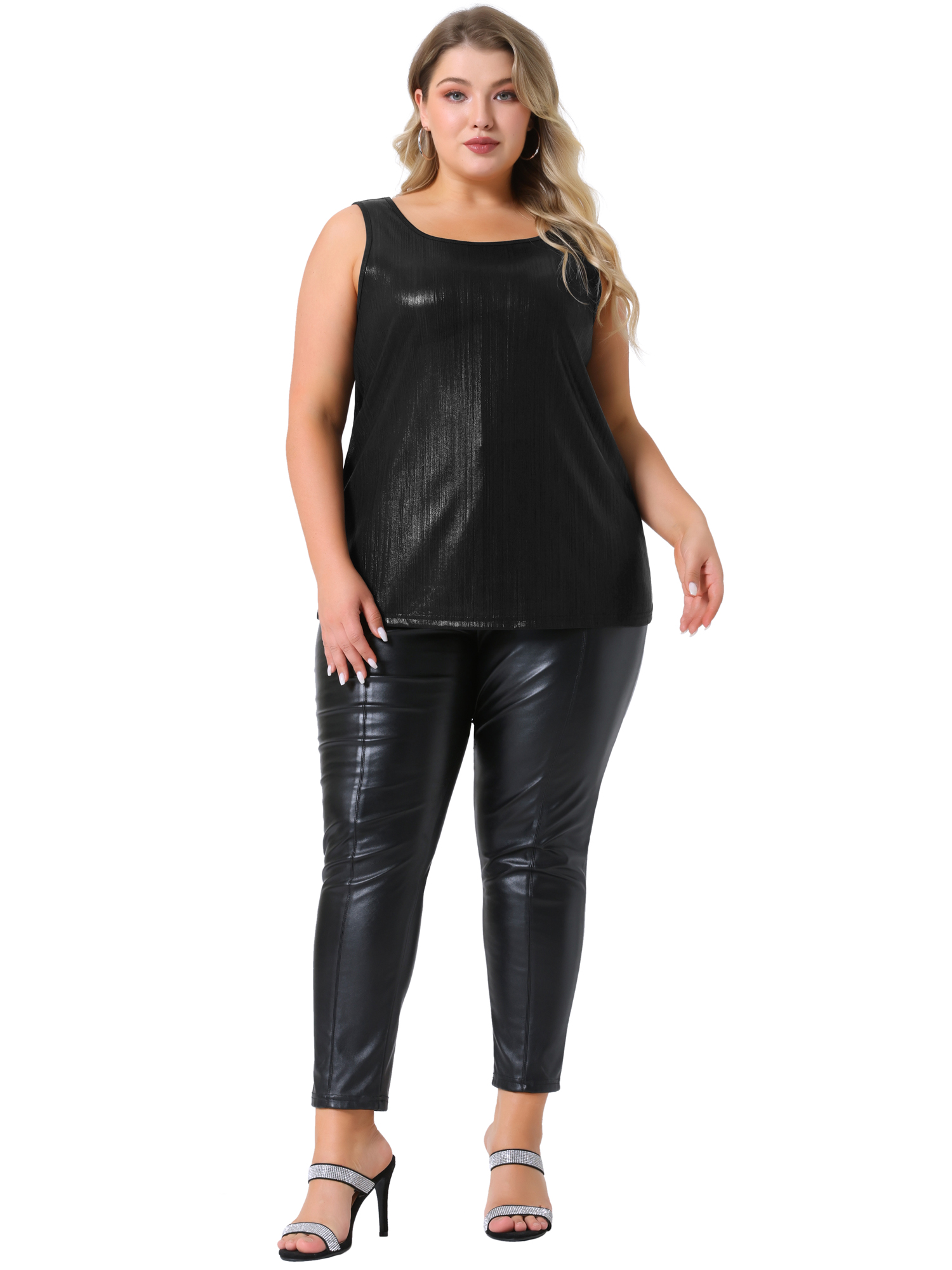DARING DIVA Women's Plus Shiny Metallic Tank Top Sleeveless Party Blouse 3X Black