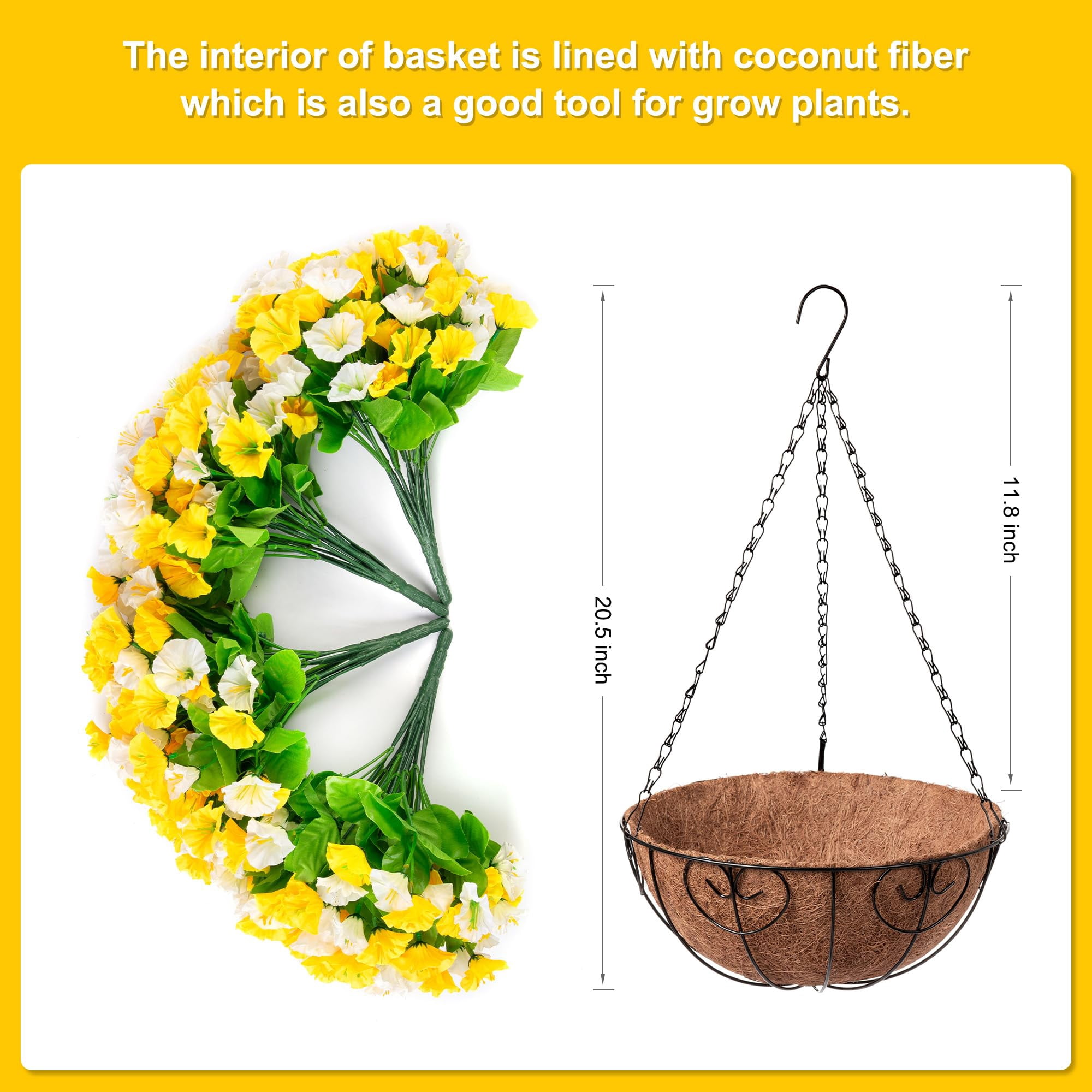 Artificial Hanging Flowers in 12 inch Basket,Morning Glories Fake Plants Patio Garden Porch Deck Decor