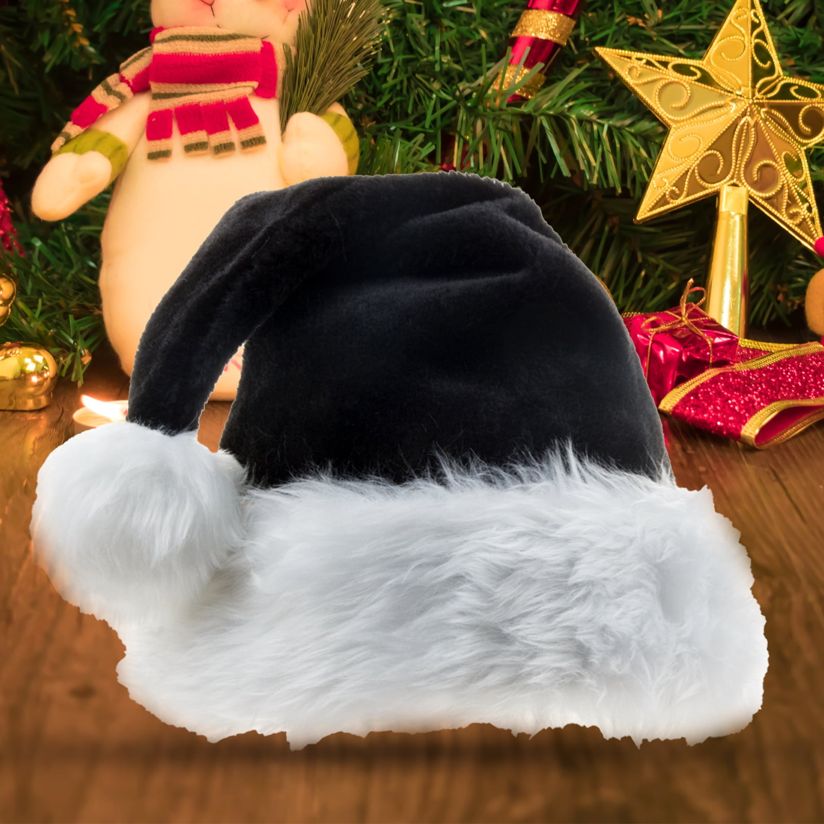 Meidiya Christmas Hat Santa Claus Thick Plush Black Hat Soft Christmas Santa Hat