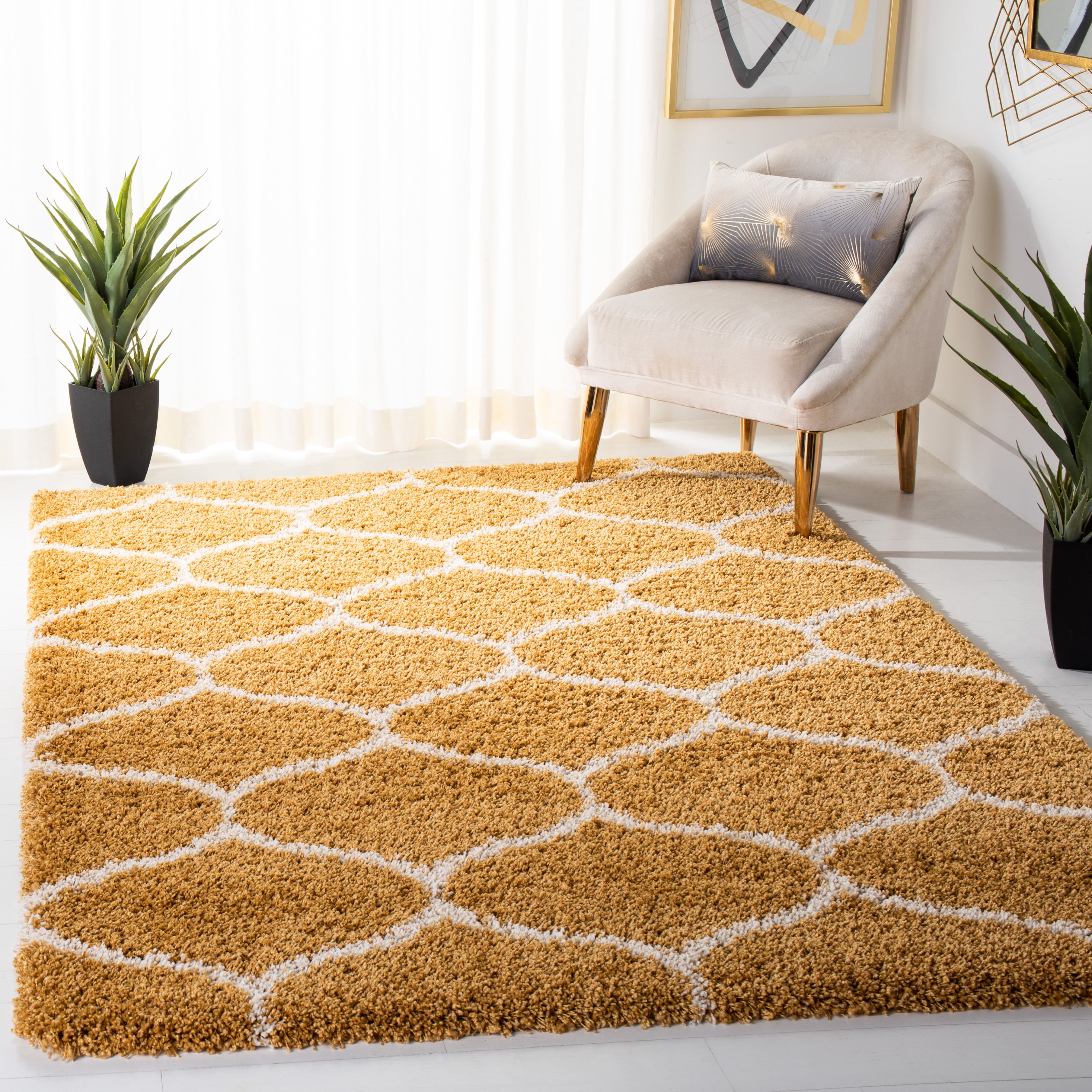 SAFAVIEH Hudson Arline Plush Geometric Shag Area Rug, Gold/Ivory, 8' x 10'