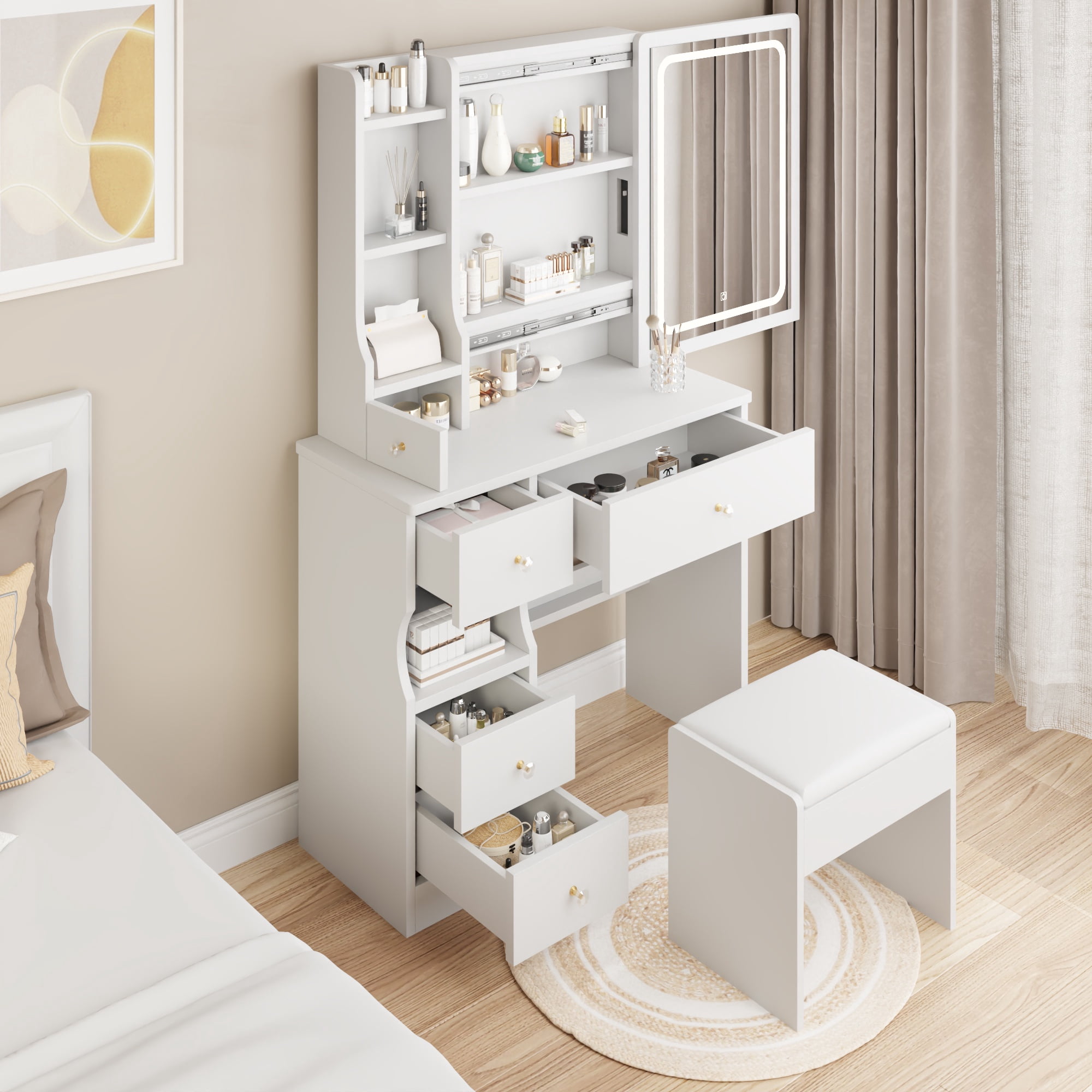 PORKISS Vanity Set with Sliding LED Mirror for Girls, Vanity Desk with Cushioned Stool and 4 Storage Drawers, Multi-Layer Shelves, Dressing Table for Small Bedroom, White