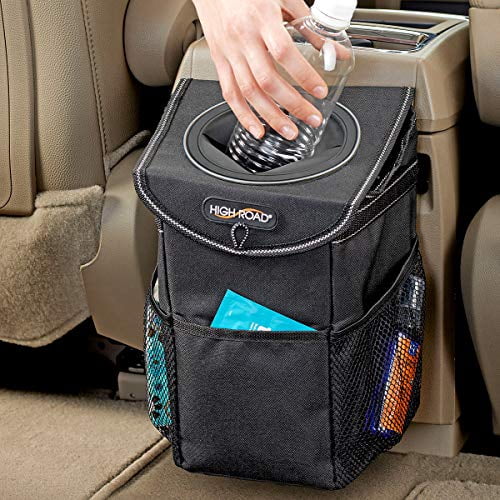 EPAuto Waterproof Car Trash Can with Lid and Storage Pockets Black 