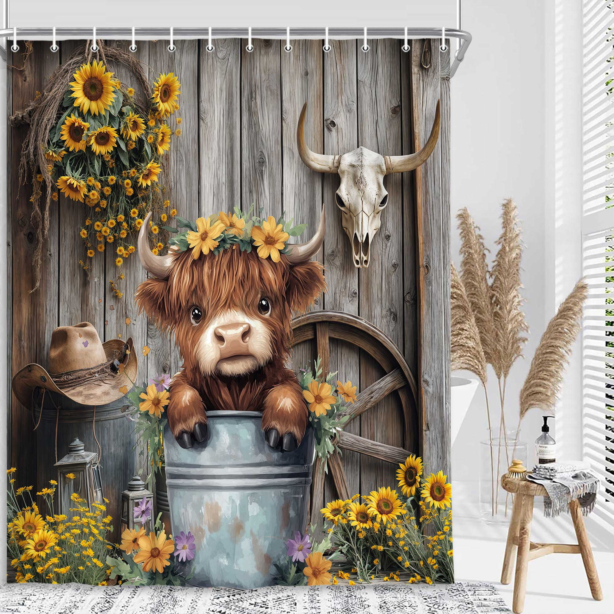 Western Highland Cow Shower Curtain, Farmhouse Cute Cowboy Barn Door Sunflower Bathroom Decor Set, Funny Rustic Cattle in Bucket Fabric Waterproof Bathroom Curtain with Hooks, 70X75in