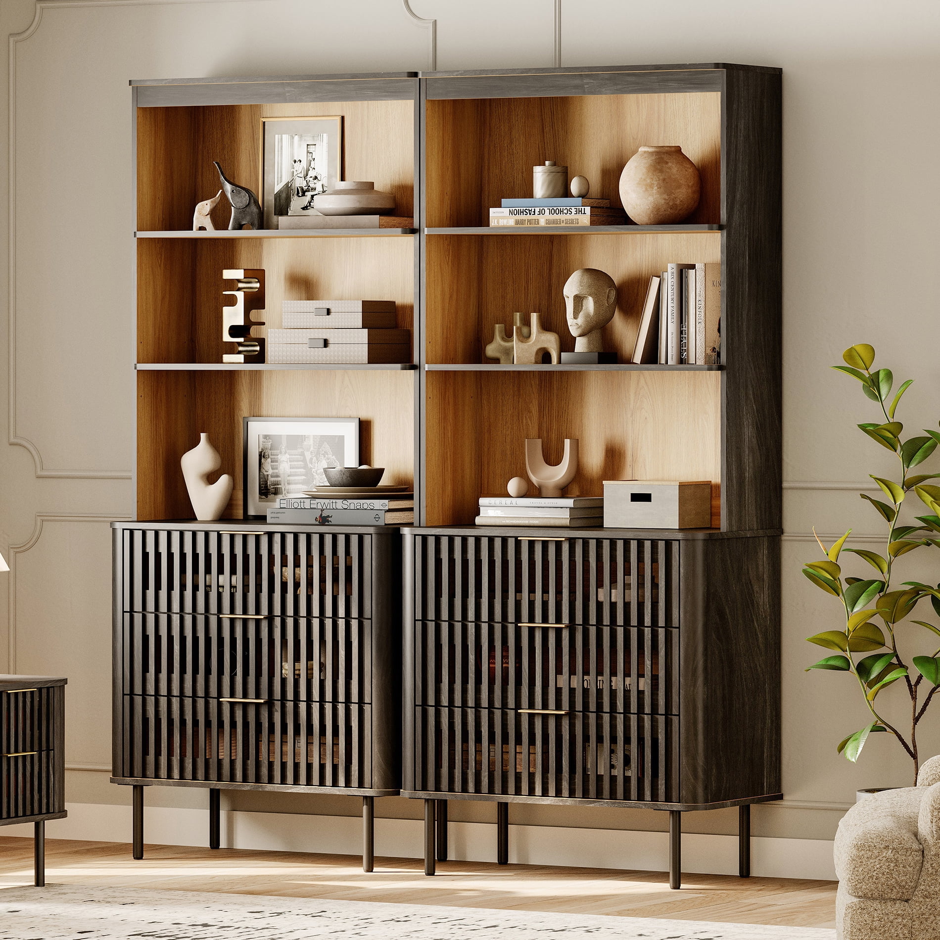 72.8" Tall Kitchen Pantry Storage Cabinet with Large Drawers, Modern Fluted Kitchen Cabinet, Adjustable Shelf, Cable Management, 3 Tier Freestanding Cupboard for Dinning Room, Black, 2 PCS