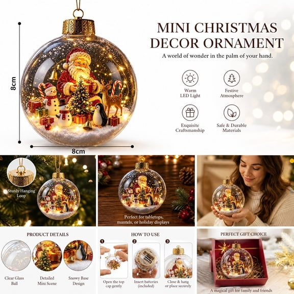 Glowing Christmas Story Ornament, Light-Up Mini Holiday Scene with Warm LED Light, Festive Keepsake Gift for Home Christmas Party Decoration