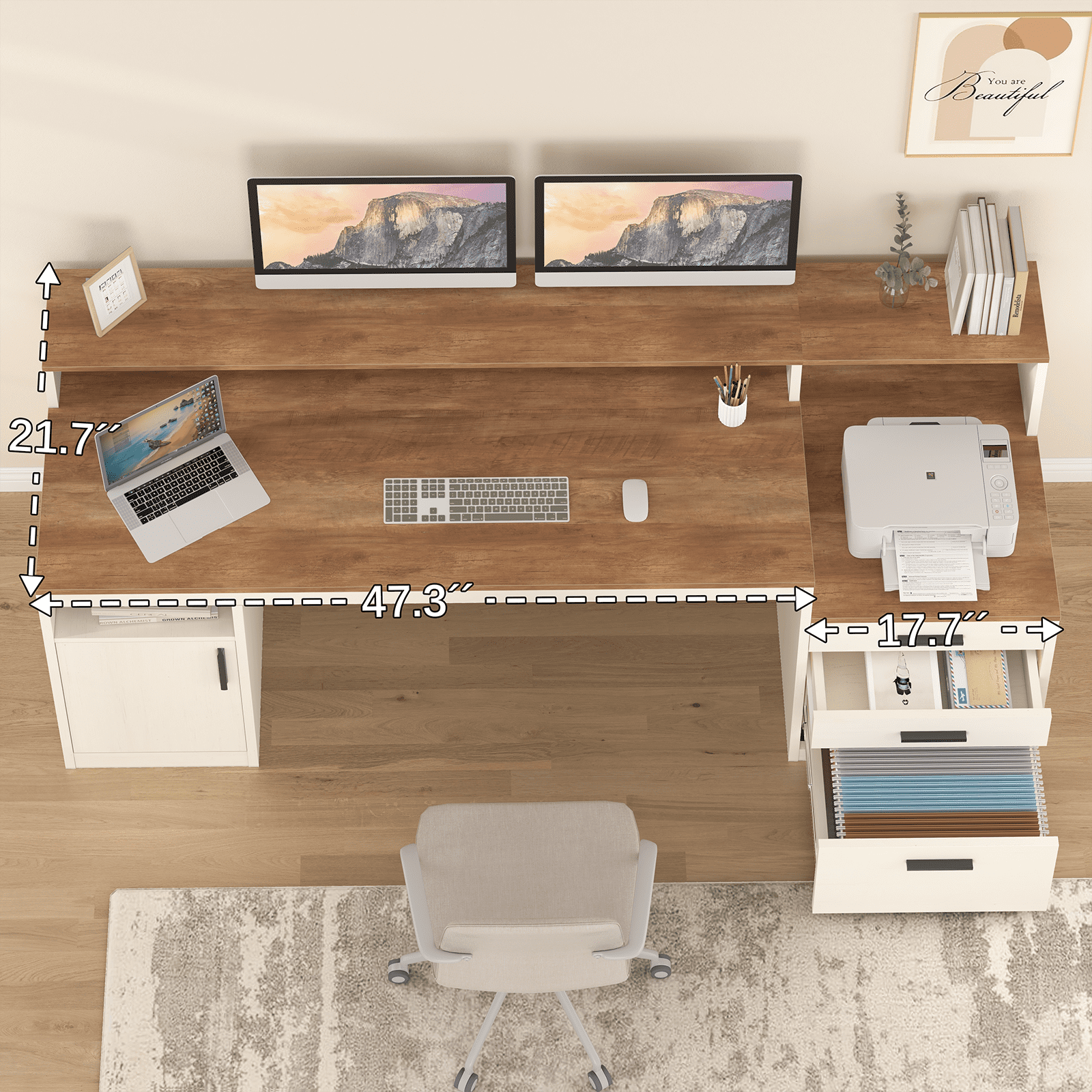 65 Inch Computer Desk with 3 Drawers & Storage Shelves, Executive Desk with File Drawer & Cabinet, Home Office Desk with Long Monitor Stand & Printer Shelf, Antique White