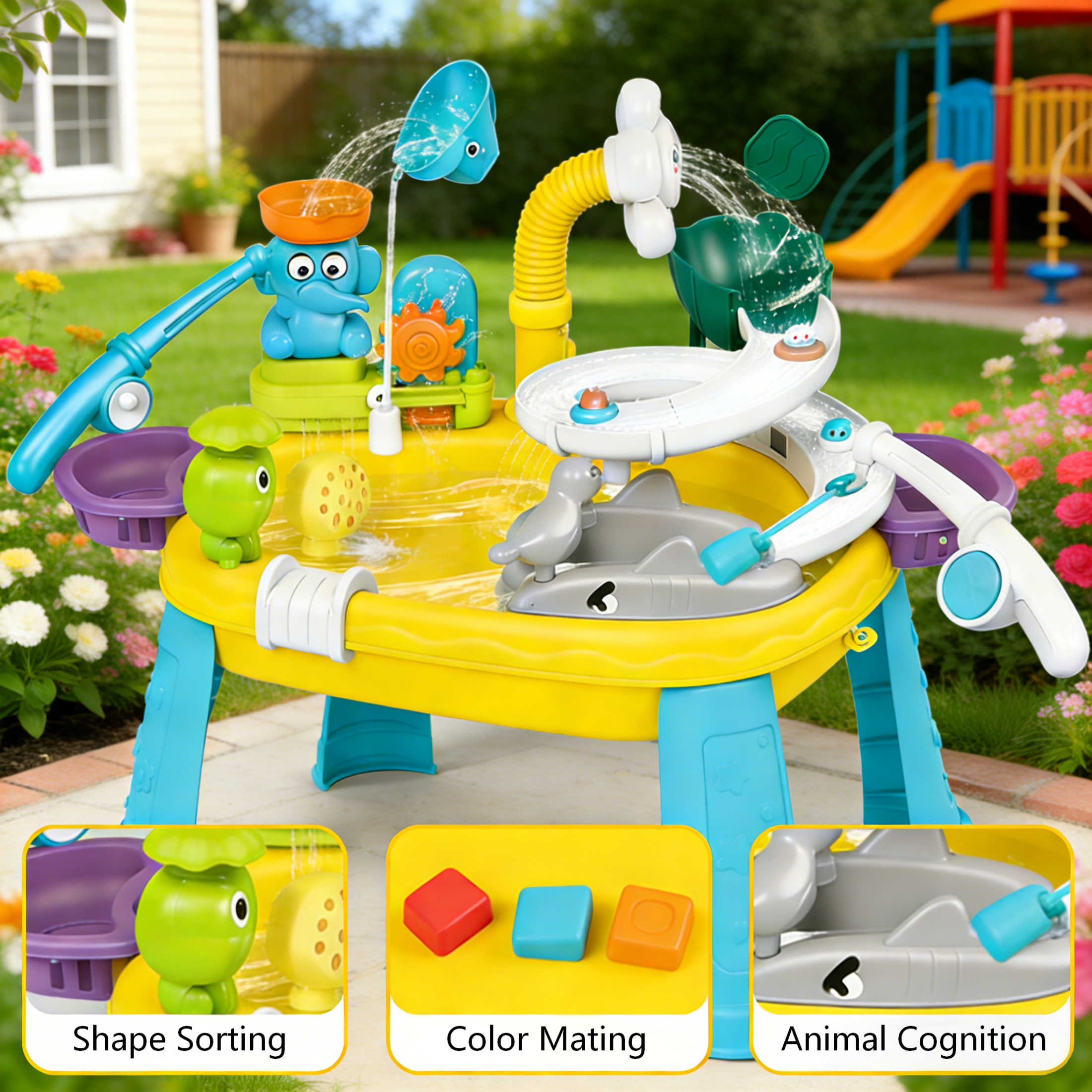 KOPPOP Animal Water Park Toddler Water Table - Beach Toy with Rotating Spray & Whale Pump for Outdoor Sensory Play, Kids Ages 0-3 3-9