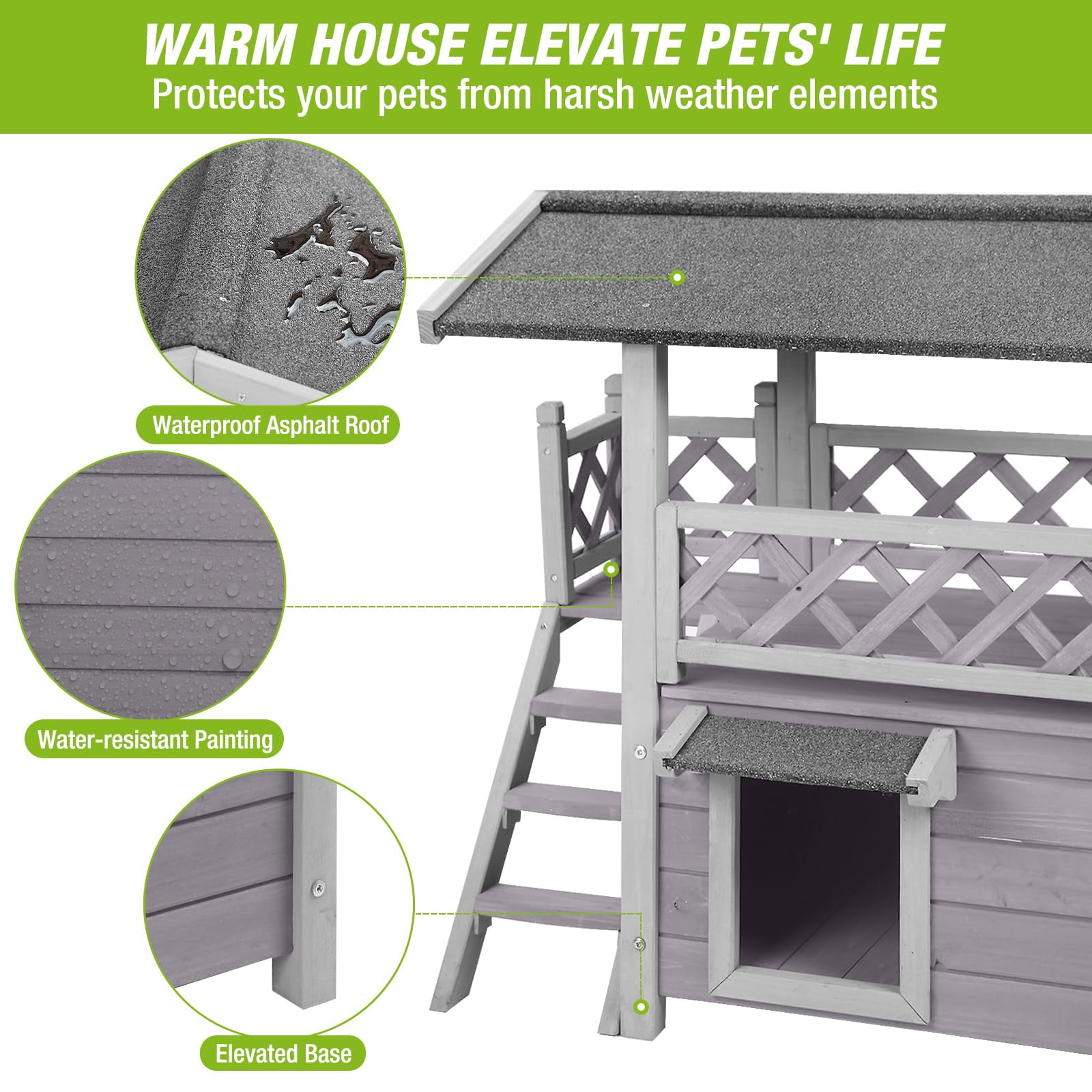 BUTINGLALE Cat House Outdoor Weatheproof Feral Cat Shelter Wooden Cat Condos for Winter Large Balcony