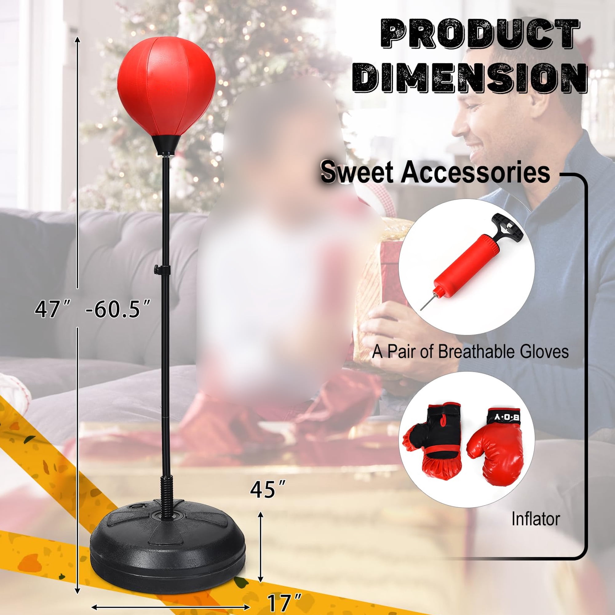 Adjustable height punching bag set for boxing training, freestanding heavy bag with stand gloves pump reflex ball, perfect for adults home gym workout, red