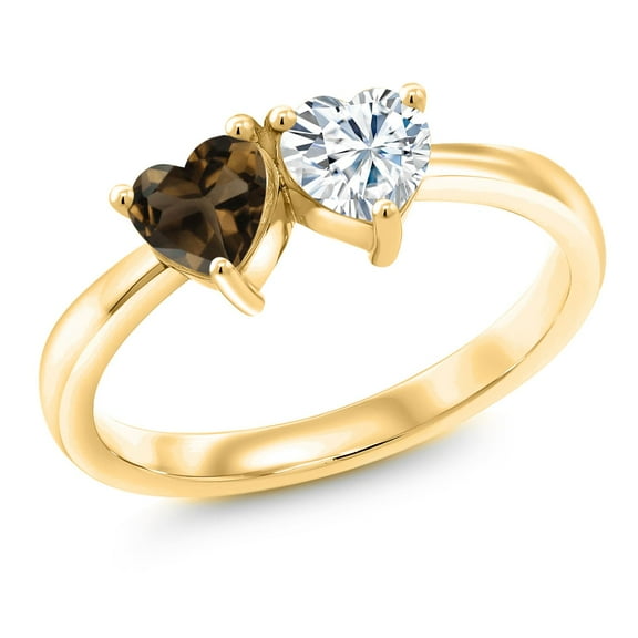 Gem Stone King 18K Yellow Gold Plated Silver Fashion Right-Hand Ring Heart Shape Brown Smoky Quartz and Moissanite (0.86 Cttw, Size 6)