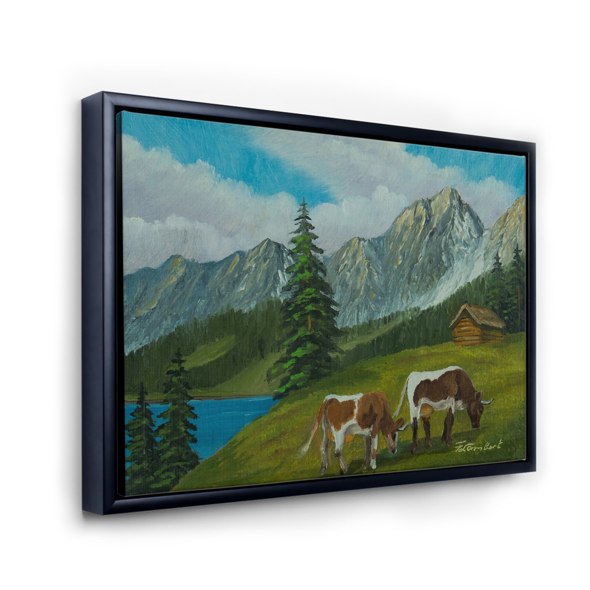 Designart 'Cows On A Green Meadow With Mountain Landscape With ' Farmhouse Framed Canvas Wall Art Print