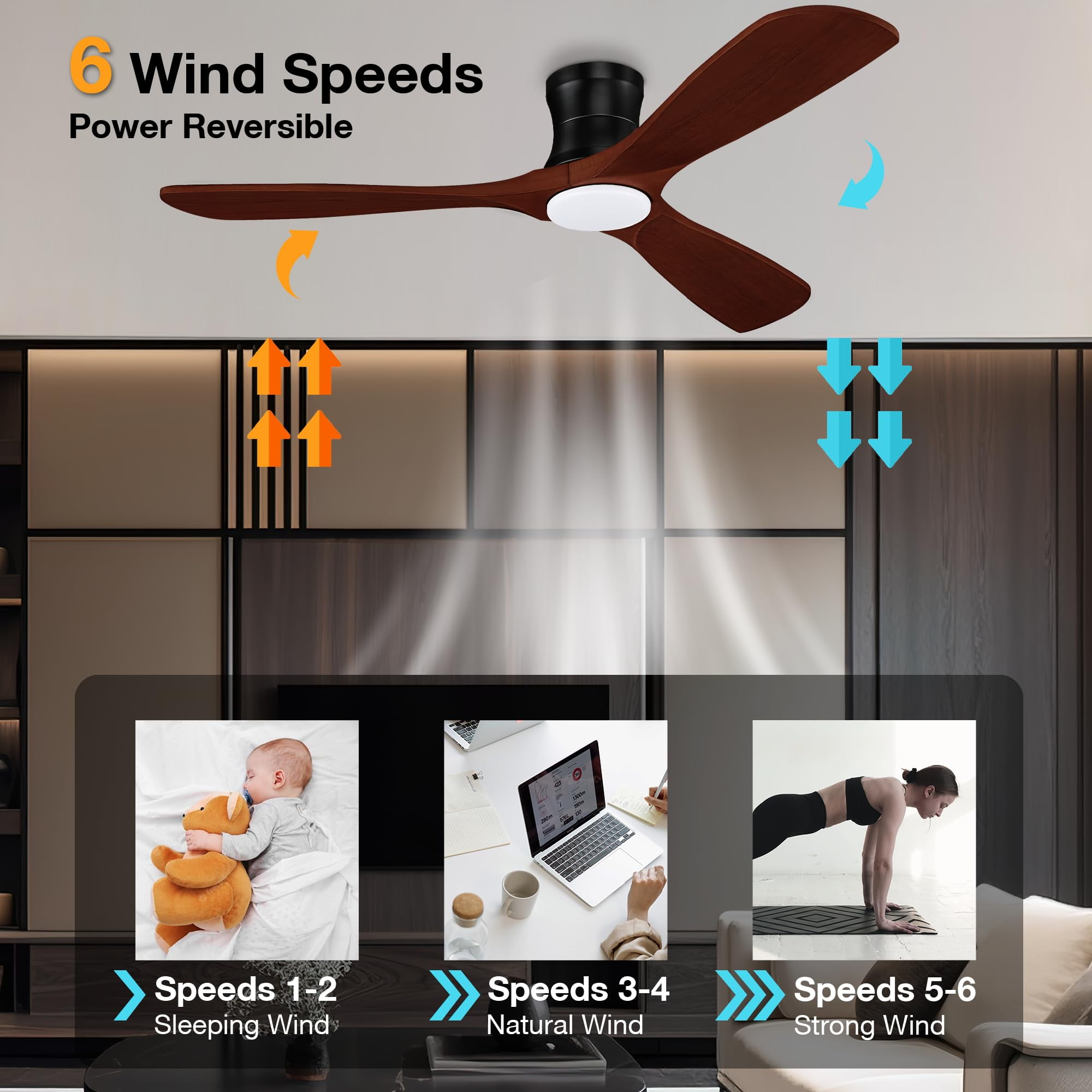 52” Smart Wood Flush Mount Ceiling Fans with Lights Remote,Quiet DC Motor,Outdoor Indoor Low Profile Ceiling Fan,Voice WIFI Alexa App Control,Dimmable,6-speed,for Modern Bedroom Patio