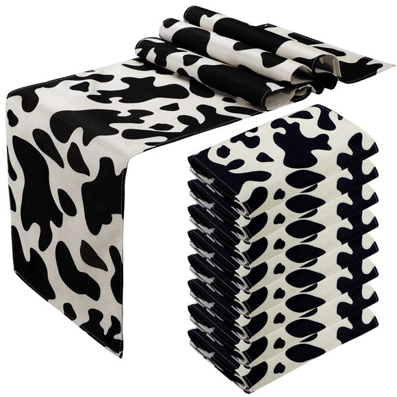 Kingdder 8 Pcs Linen Cow Print Table Runner Farm Black and White Cowhide Tablecloth Cow Print Table Cloths for Parties Kitchen Western Barnyard Cowboy Birthday Home Decorations