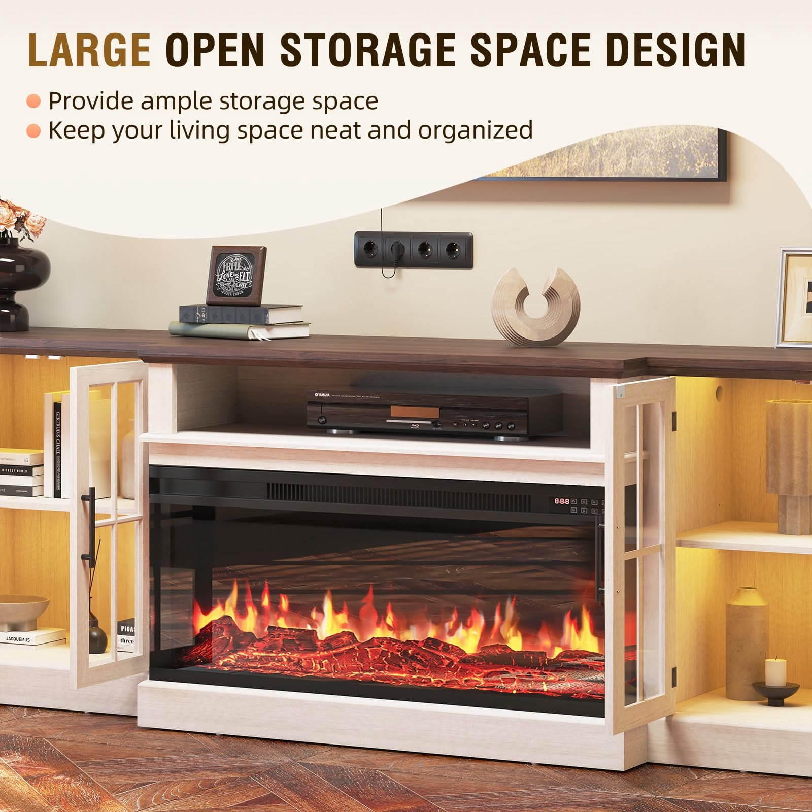 Sunmthink Farmhouse TV Stand with 36" Fireplace for TVs up to 90", 87" Media Entertainment Center with Adjustable Shelves and Large Storage Cabinets, for Living Room, White