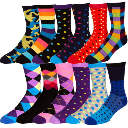 Men's Pattern Dress Funky Fun Colorful Socks 12 Assorted Patterns Size