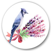 Designart 'Blue Jay Bird On Bouquet Of Pink Flowers' Traditional Circle Metal Wall Art 29x29 - Disc of 29
