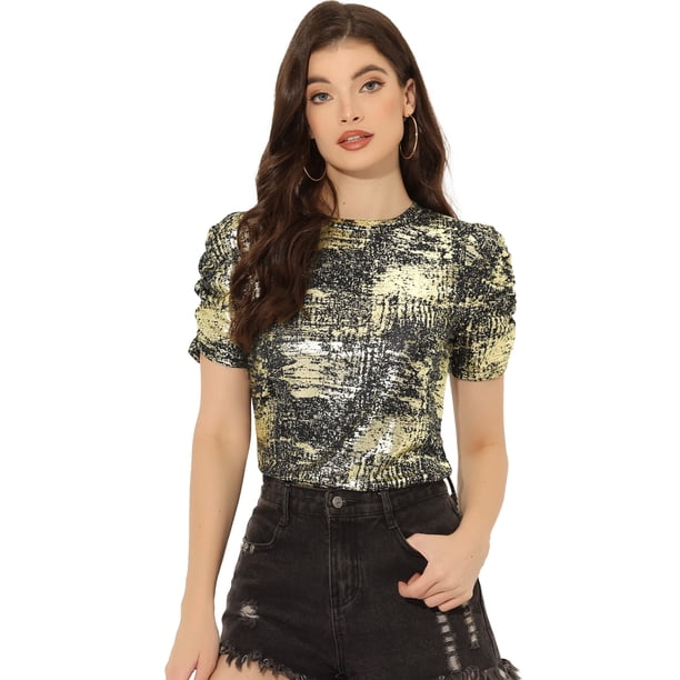 Camiseta informal elástica con cuello redondo y manga farol con parte superior torcida con purpurina para mujer Color Oro Negro XL