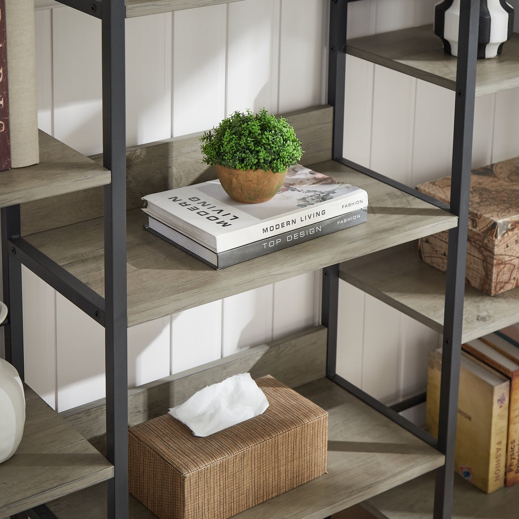 Triple Wide 5 Tiers Book Shelf with Baffles, Industrial Bookcase