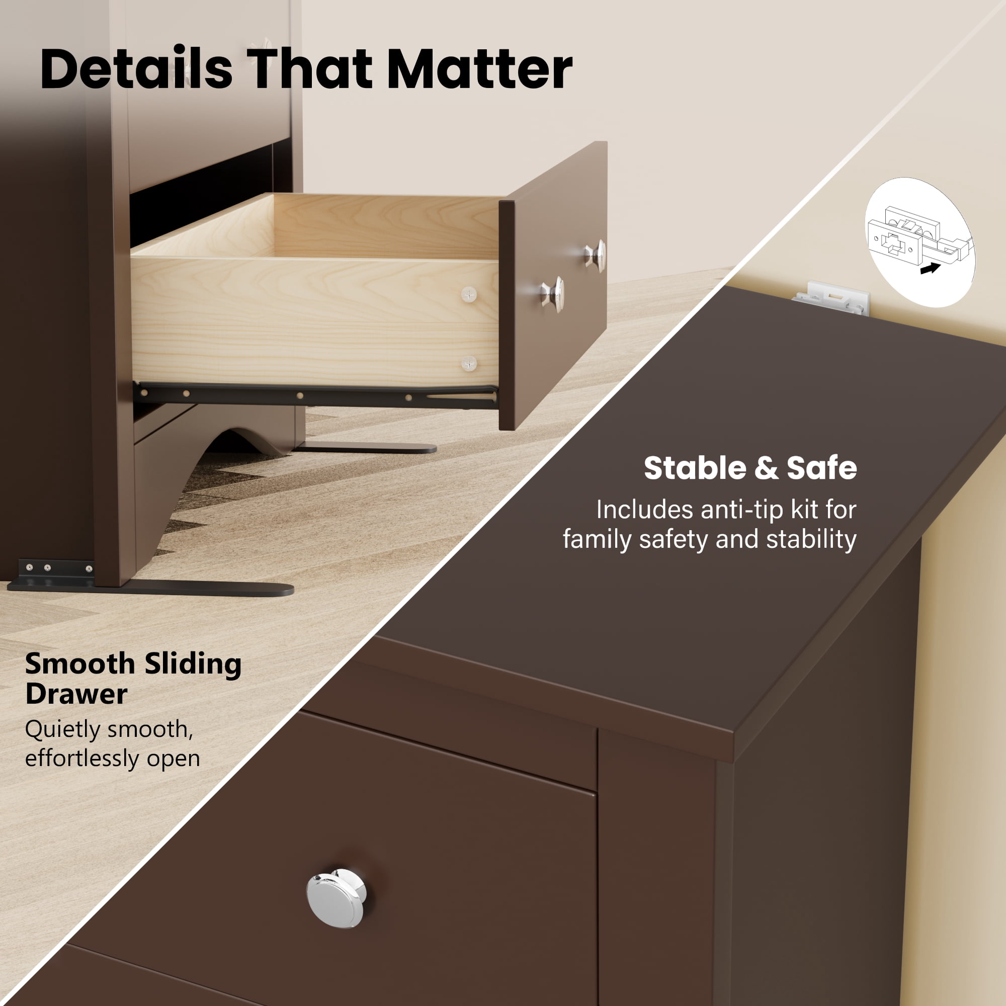 Homall 5 Drawer Tall Dresser for Bedroom, Wide Storage Cabinet for Living Room, Wood Chest of Drawers with Metal Handles, Brown