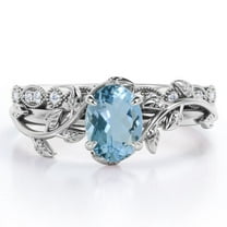 JeenMata Art Deco Filigree Milgrain - 1.5 Carat Egg Cut Blue Created Aquamarine and Moissanite - Beautiful Leaf Bridal Ring Set - 18K White Gold Plating over Silver