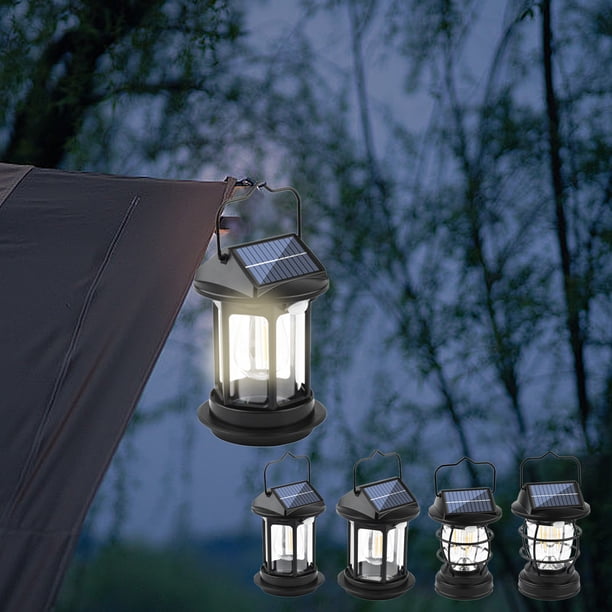 Faro colgante solar Luz vintage exterior | Lámpara impermeable para el jardín del jardín | Solar recargable/USB, sensor automático, negro, 6,3"x4,7", construcción ABS duradera