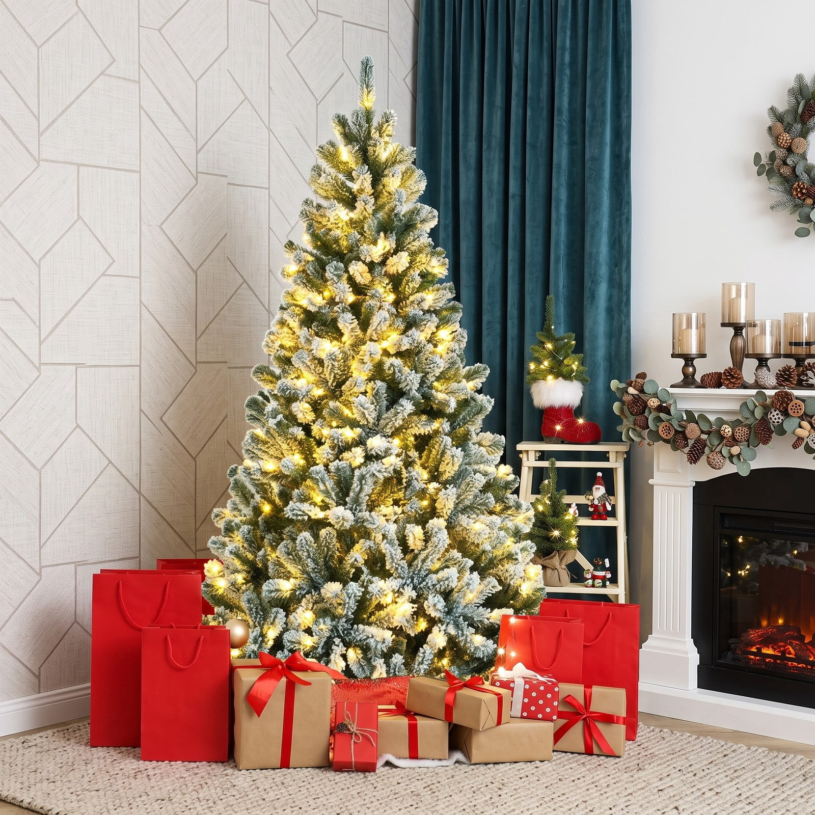 RUIE 6 FT Pre-Lit Snow Flocked Christmas Tree, Artificial Hinged Xmas Tree with 928 Branch Tips, 650 Warm White LED Lights and Foldable Metal Stand for Holiday, Green