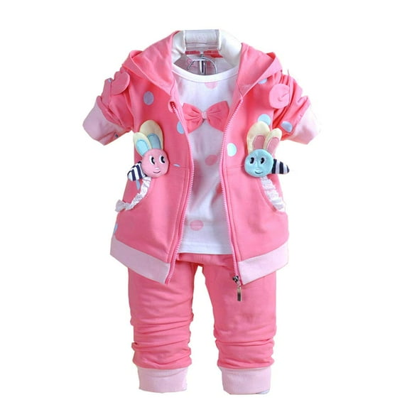 Yao 6M-4Y 3pcs Baby Girl Casual Hoodie Jacket Cotton T-Shirt Pants Sweater (Hot Pink,12-18M)